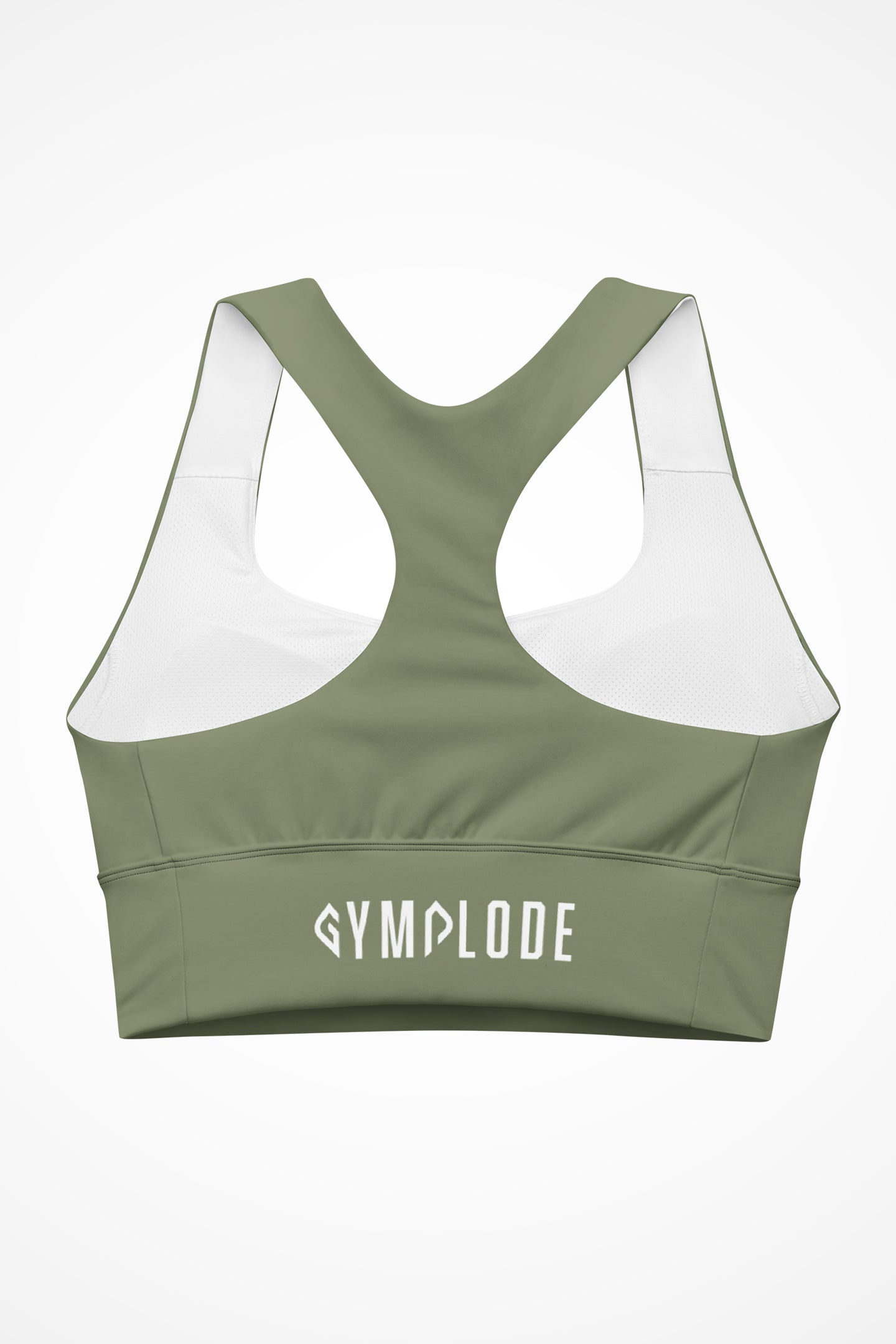 Womens moss green longline sports bra with Gymplode signature logo, back view