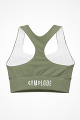 Womens moss green longline sports bra with Gymplode signature logo, back view