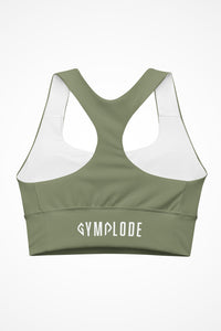 Womens moss green longline sports bra with Gymplode signature logo, back view