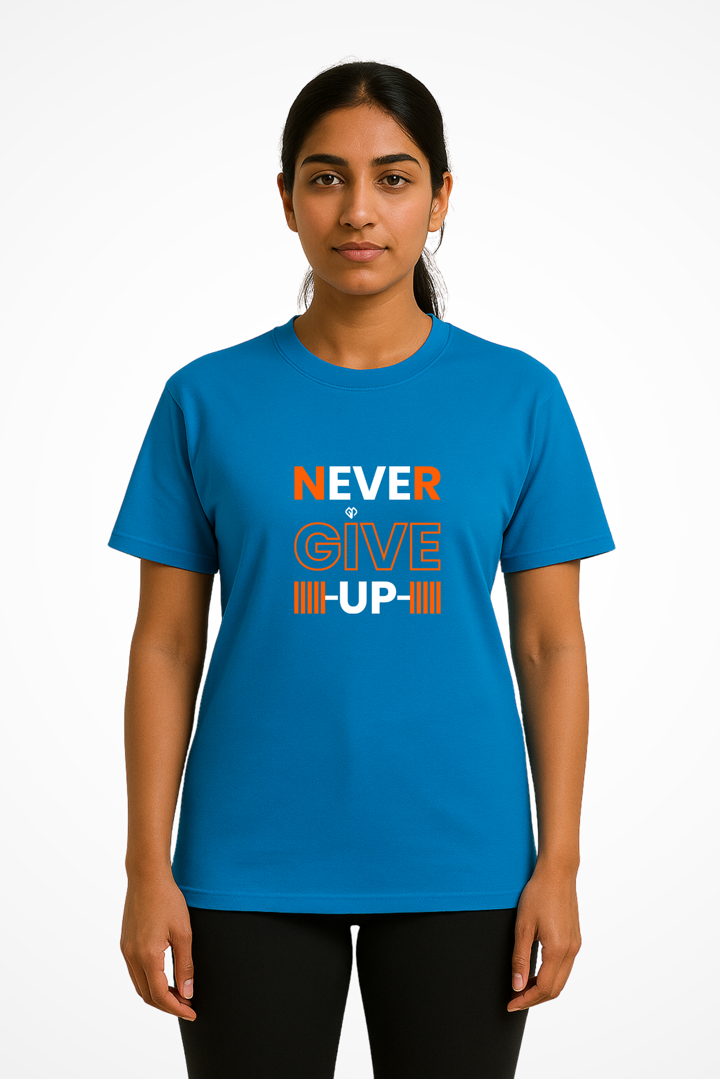 Womens Never Give Up t-shirt with Gymplode icon logo print, front view with model