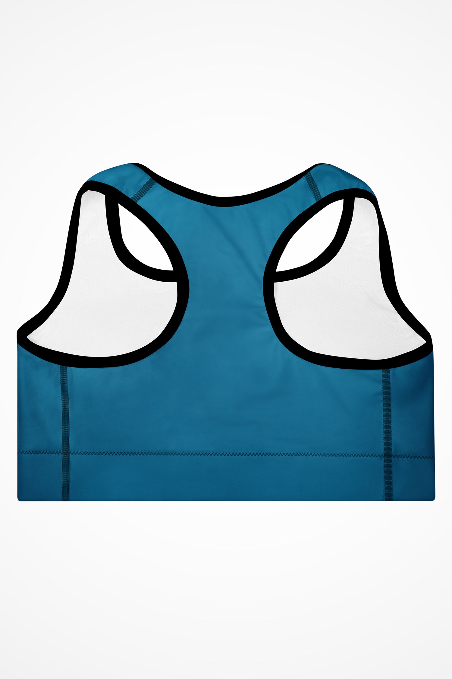 Womens ocean blue with black stitch Gymplode padded sports bra with no print, back view