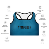 Womens ocean blue with black stitch Gymplode padded sports bra key features