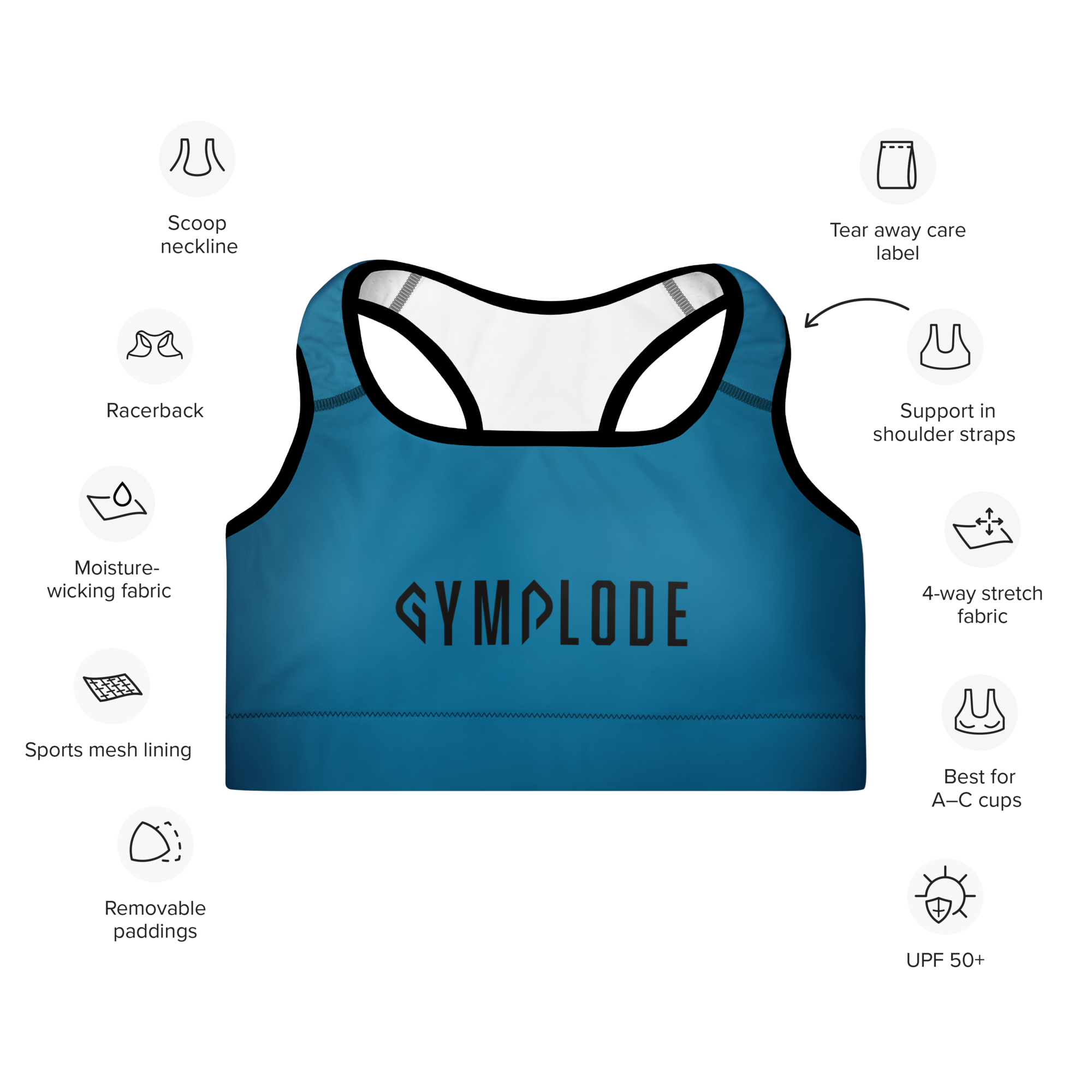 Womens ocean blue with black stitch Gymplode padded sports bra key features
