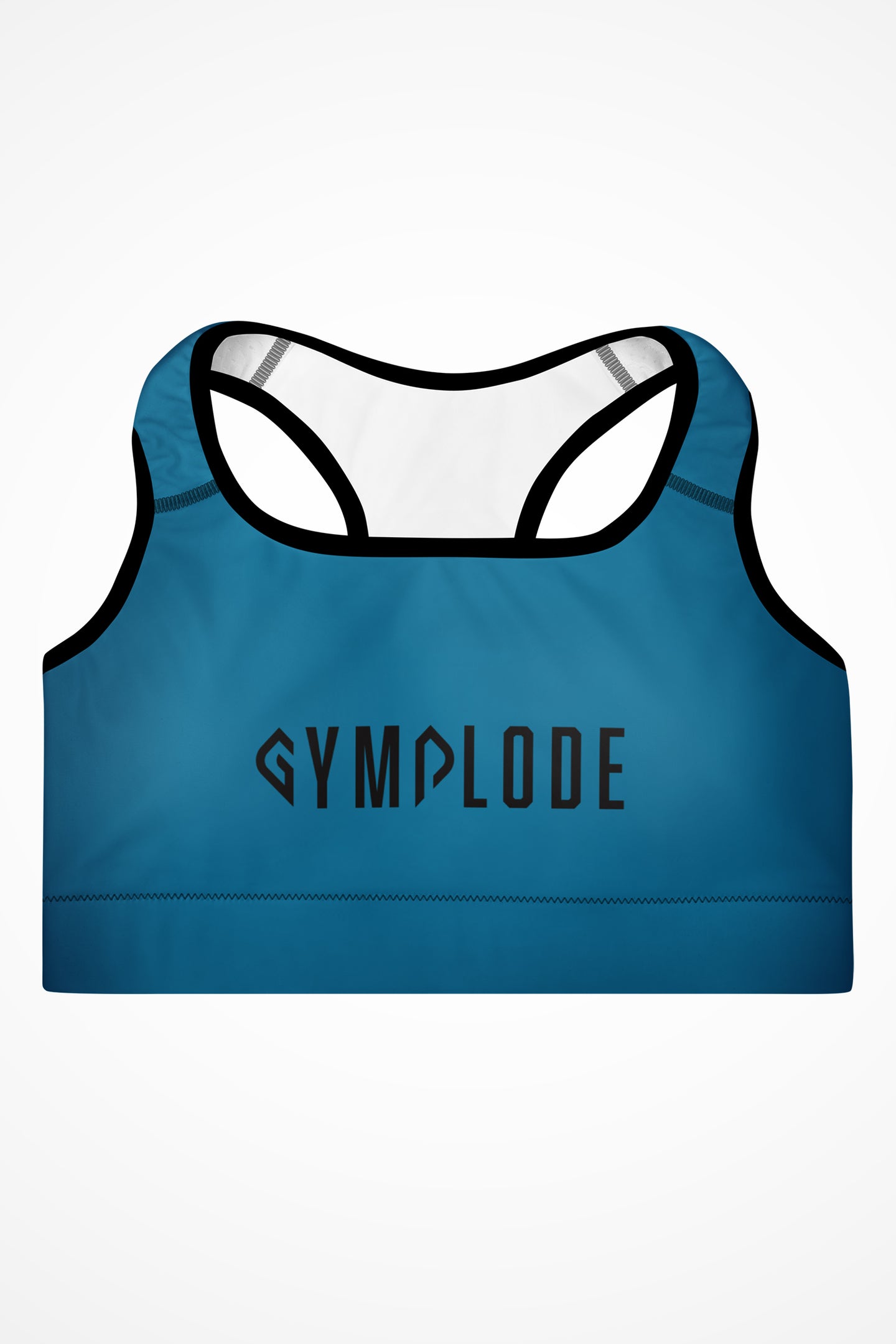 Womens ocean blue with black stitch Gymplode padded sports bra with signature logo, front view