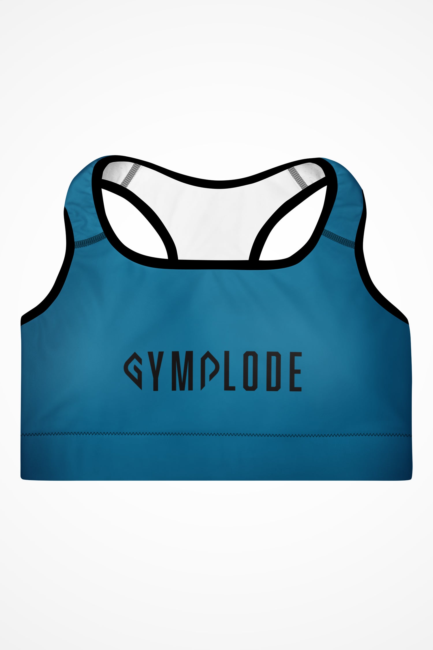 Womens ocean blue with black stitch Gymplode padded sports bra with signature logo, front view