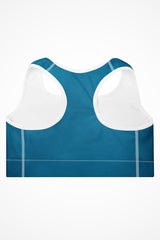 Womens ocean blue with white stitch Gymplode padded sports bra with no print, back view