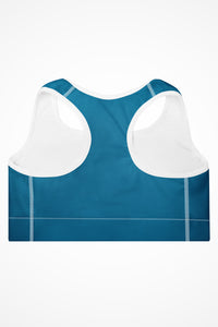 Womens ocean blue with white stitch Gymplode padded sports bra with no print, back view