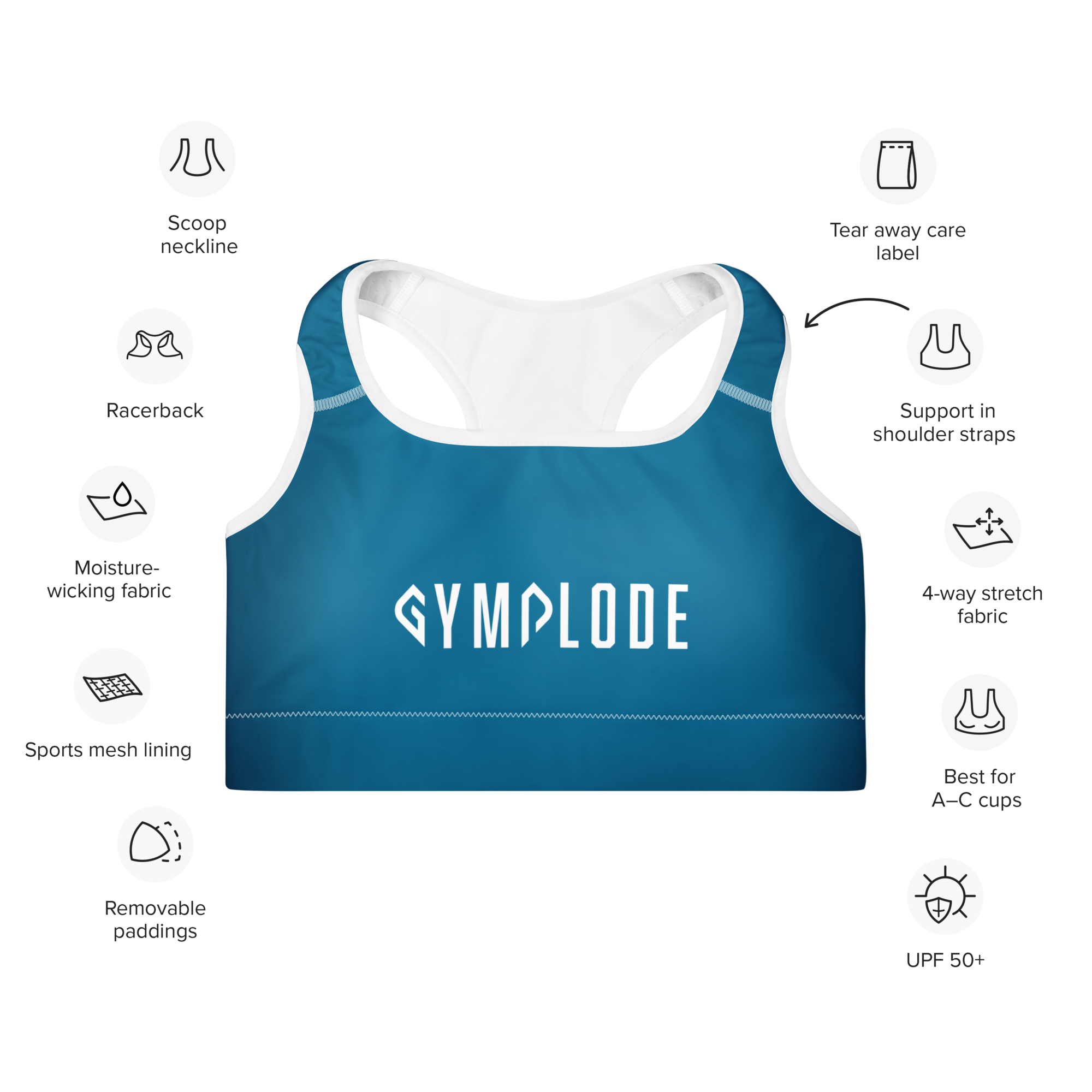 Womens ocean blue with white stitch Gymplode padded sports bra key features