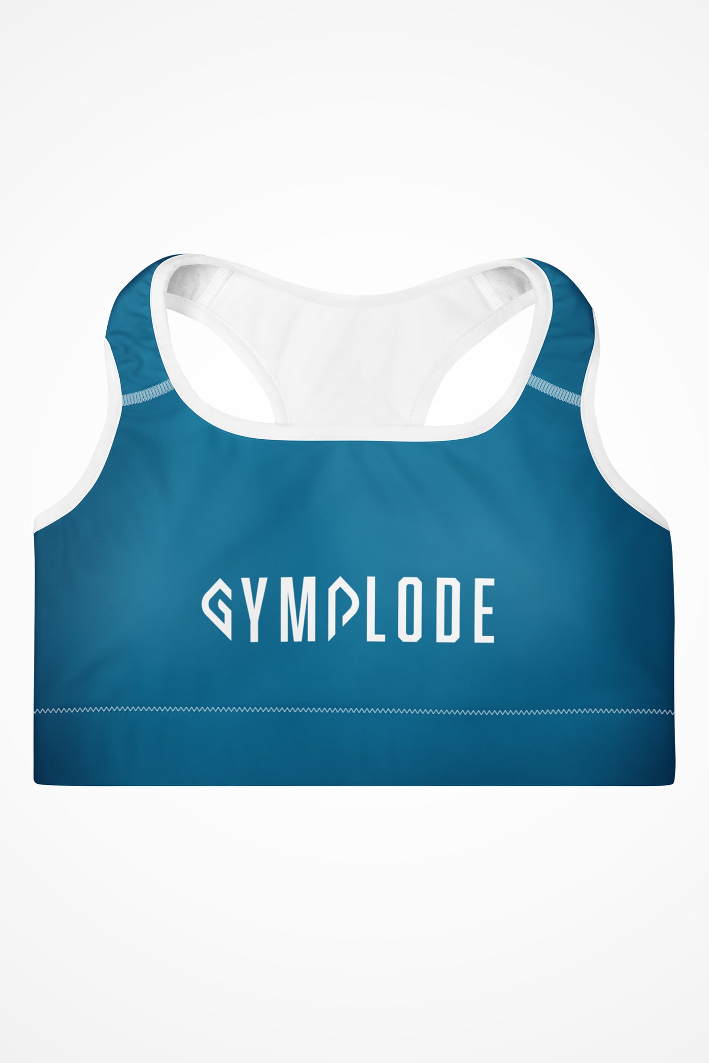 Womens ocean blue with white stitch Gymplode padded sports bra with signature logo, front view
