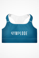 Womens ocean blue with white stitch Gymplode padded sports bra with signature logo, front view