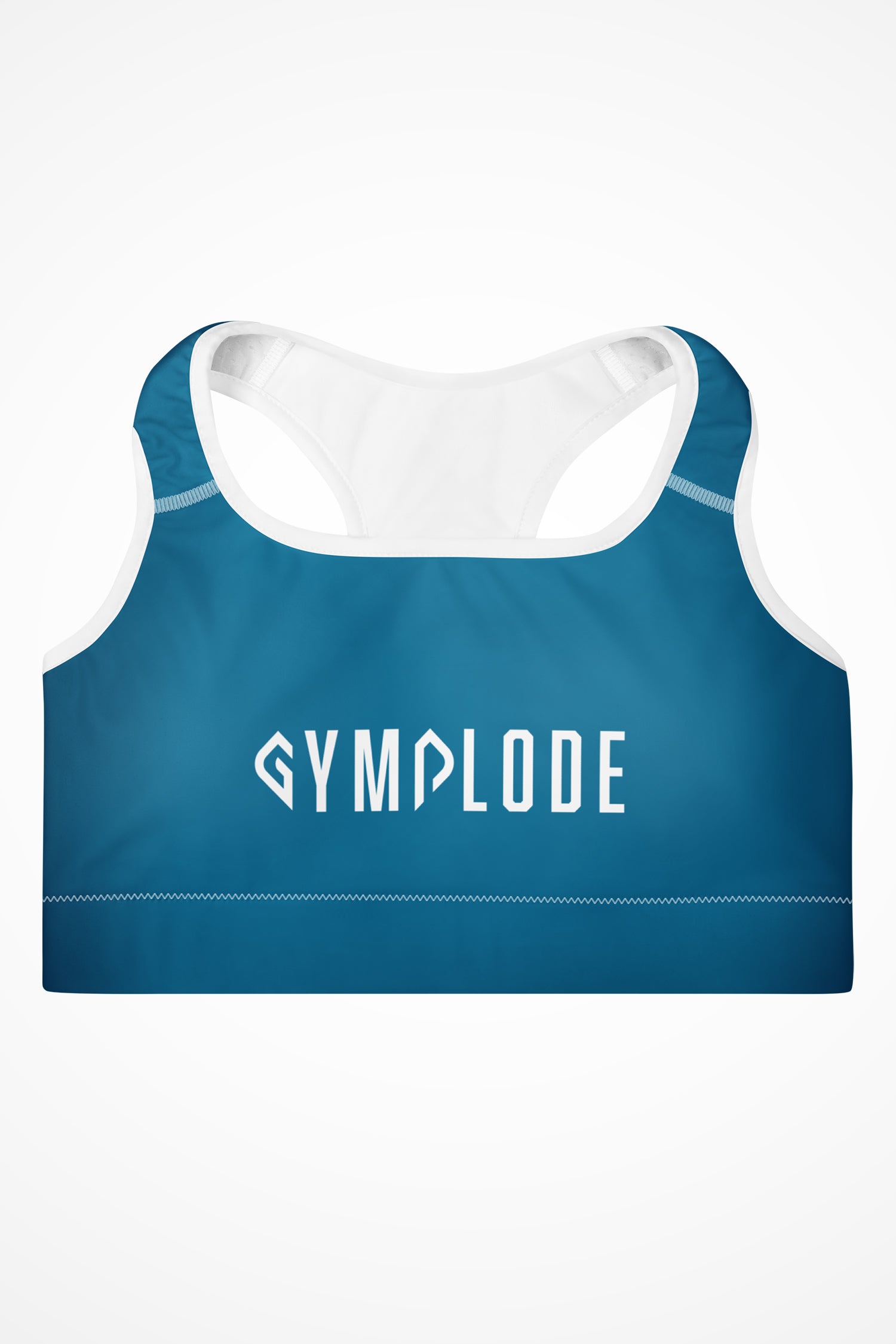 Womens ocean blue with white stitch Gymplode padded sports bra with signature logo, front view