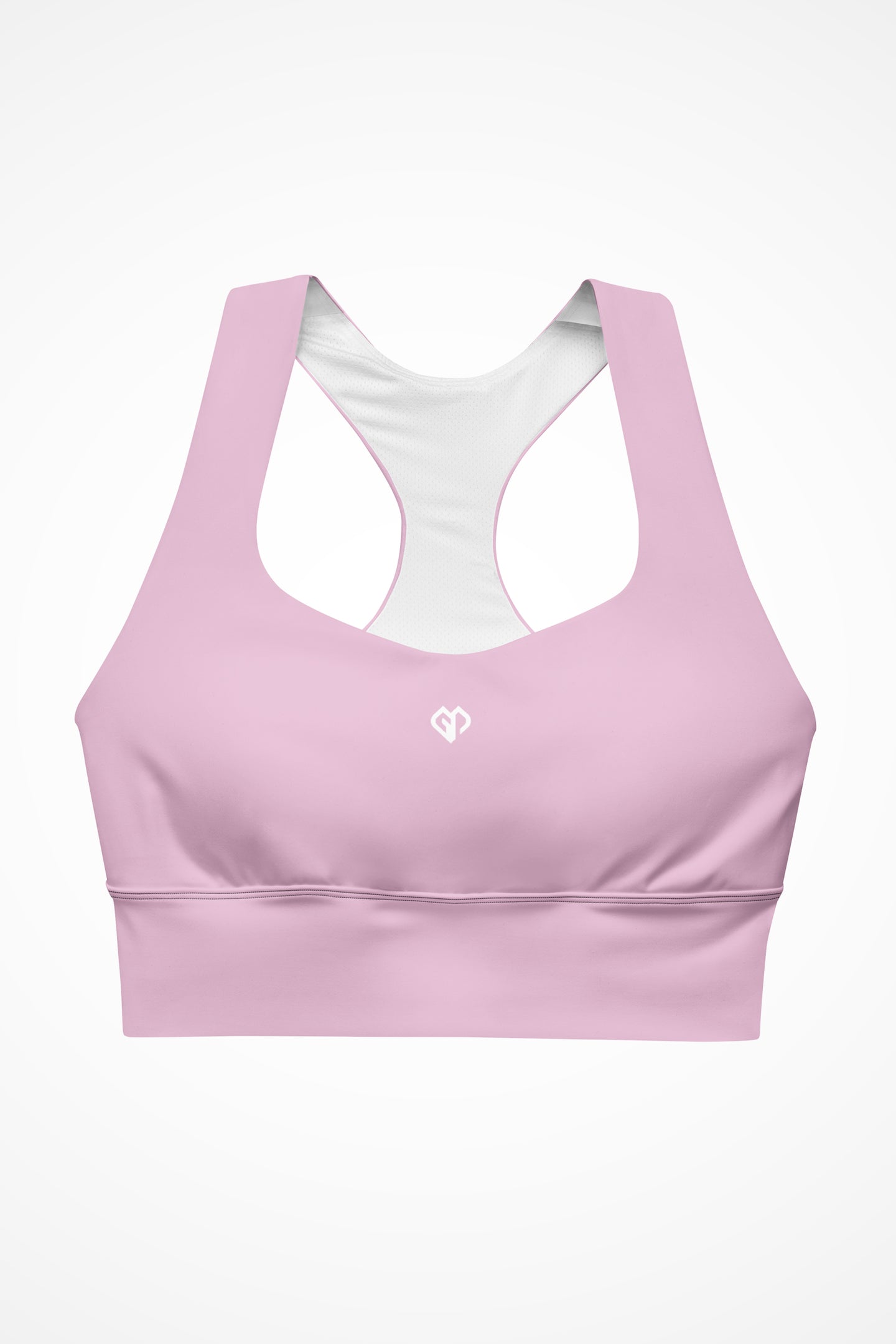 Womens pastel pink longline sports bra with Gymplode icon logo, front view