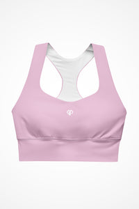 Womens pastel pink longline sports bra with Gymplode icon logo, front view