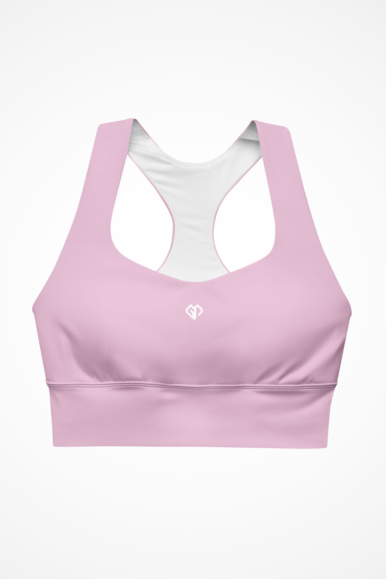 Womens pastel pink longline sports bra with Gymplode icon logo, front view