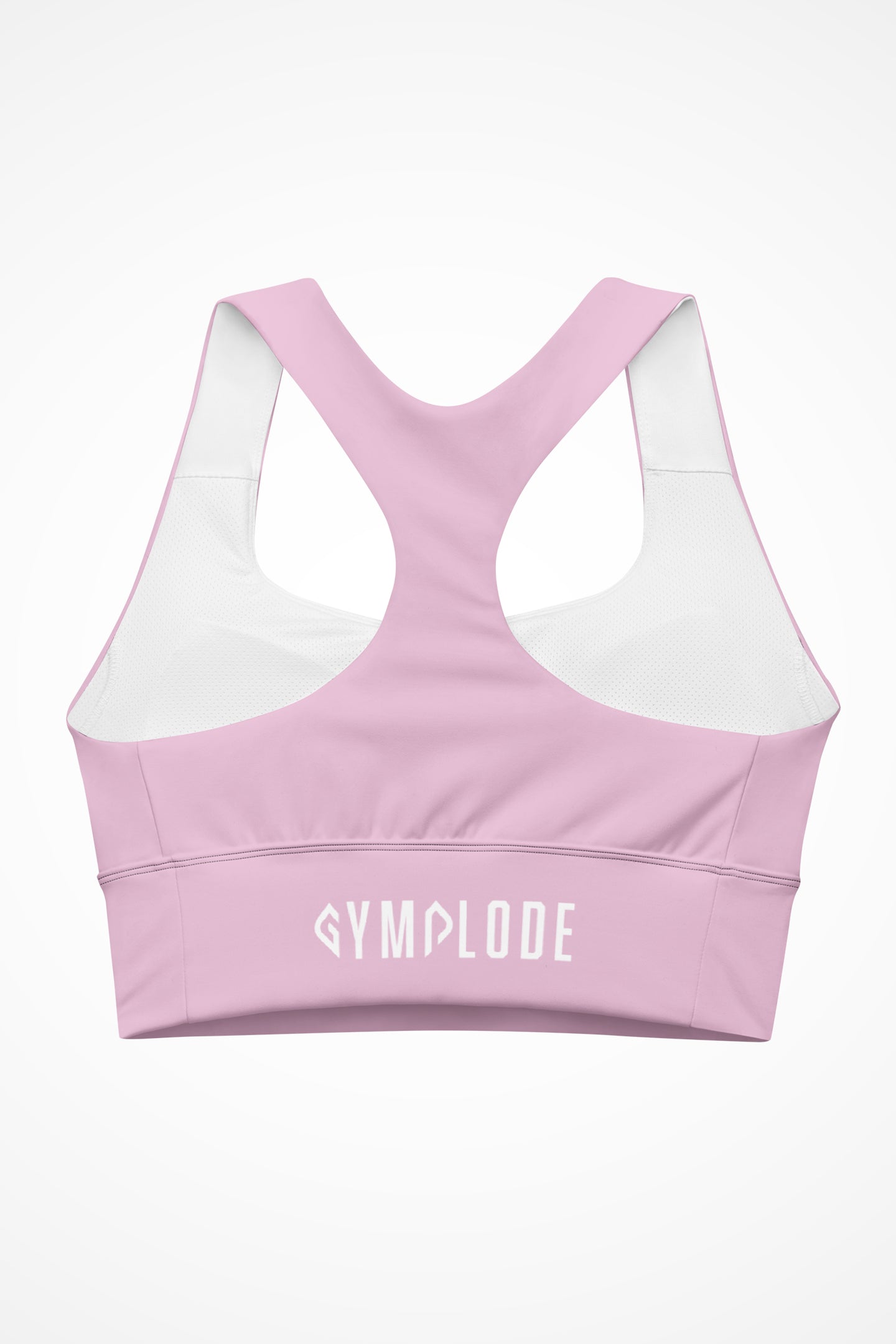 Womens pastel pink longline sports bra with Gymplode signature logo, back view