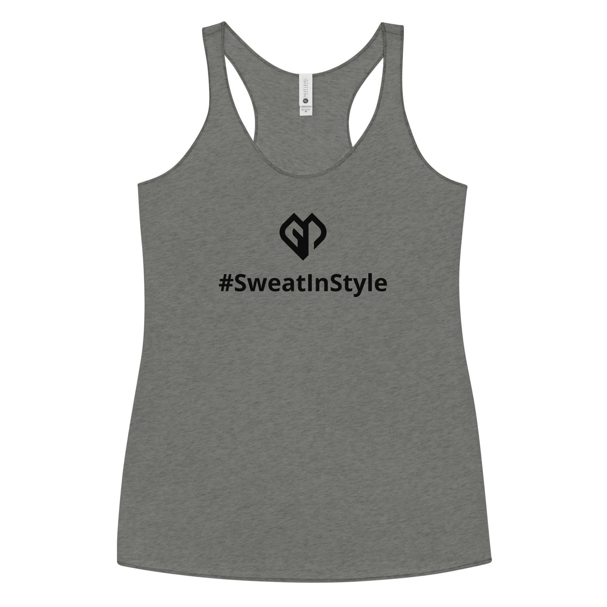 Womens premium heather Sweat in Style racerback tank top with Gymplode icon logo