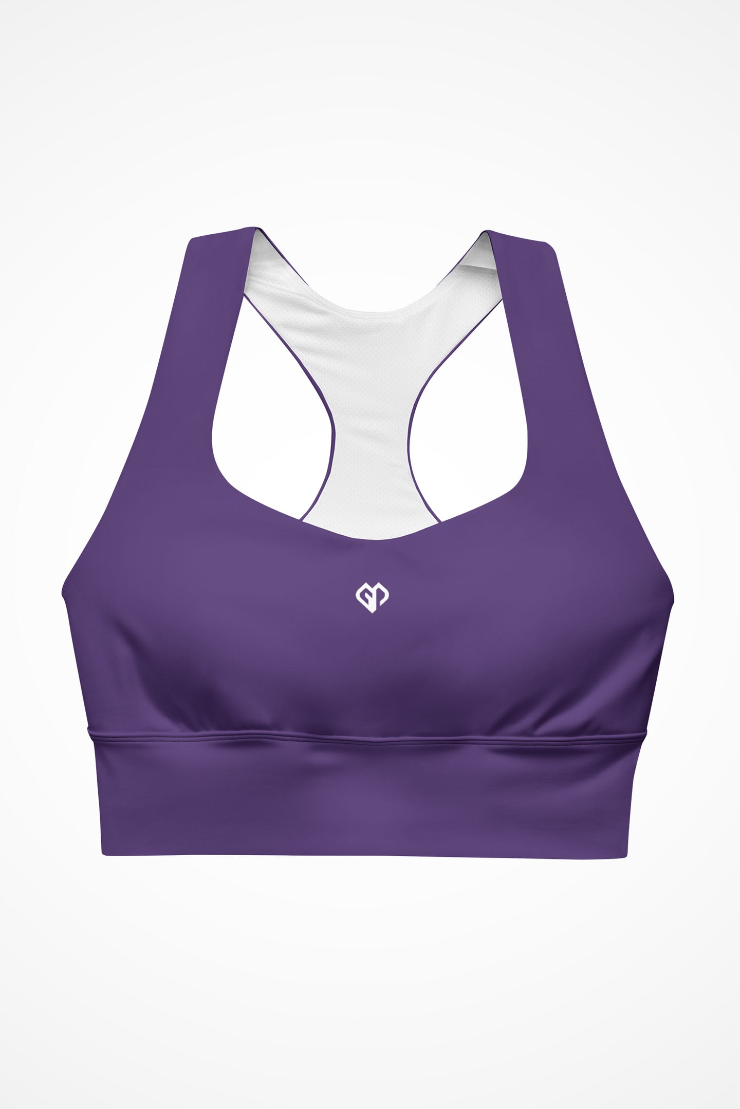 Womens purple longline sports bra with Gymplode icon logo, front view