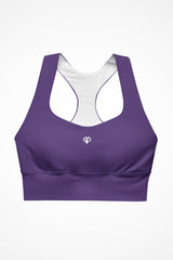 Womens purple longline sports bra with Gymplode icon logo, front view