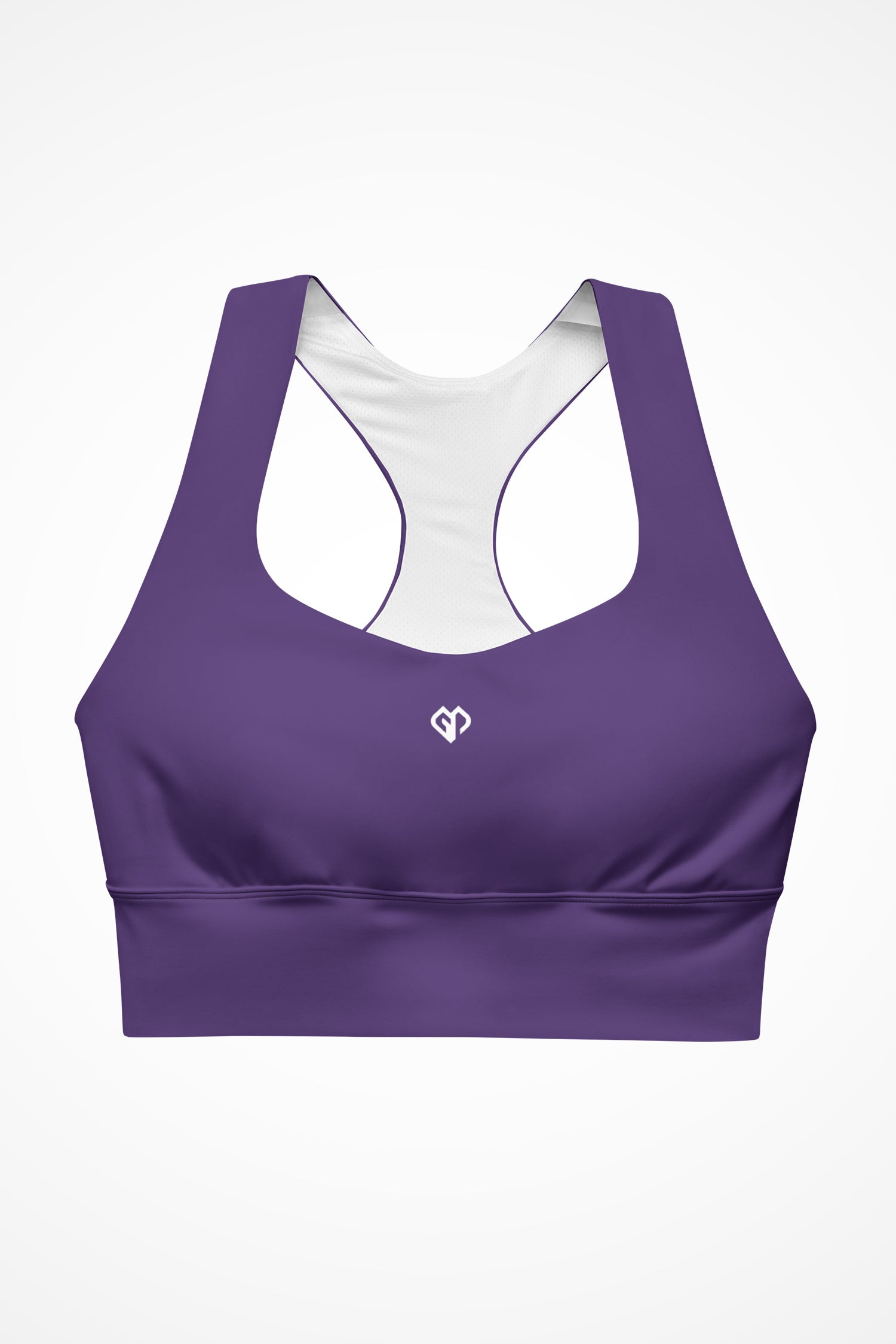 Womens purple longline sports bra with Gymplode icon logo, front view
