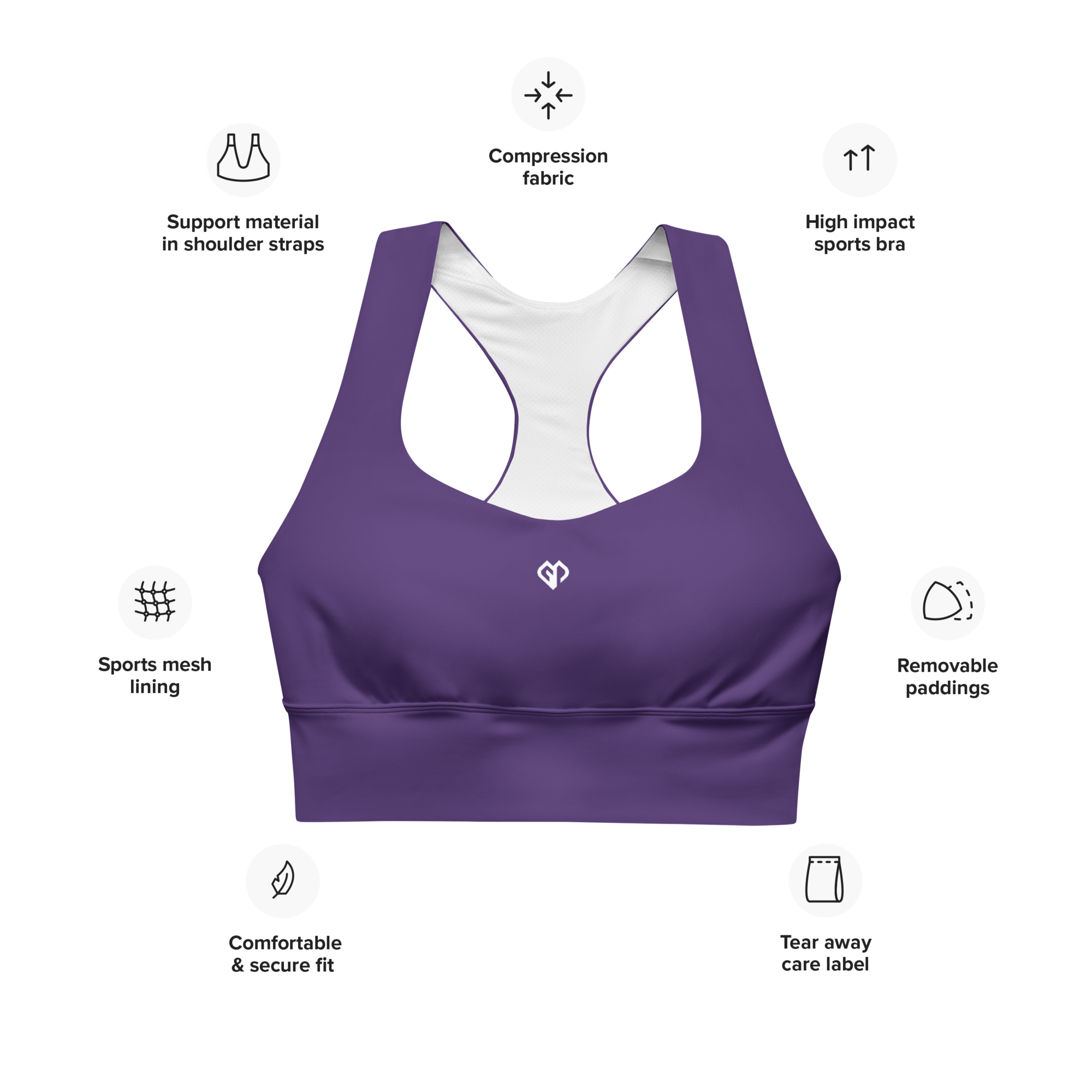 Womens purple Gymplode longline sports bra key features