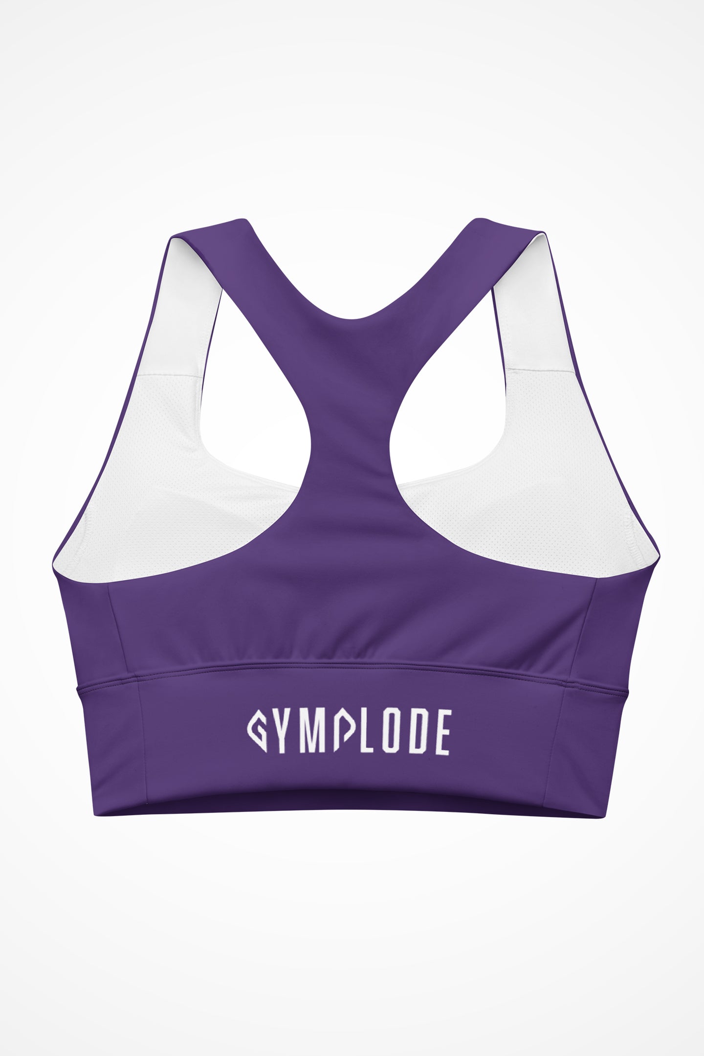 Womens purple longline sports bra with Gymplode signature logo, back view