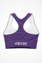 Womens purple longline sports bra with Gymplode signature logo, back view
