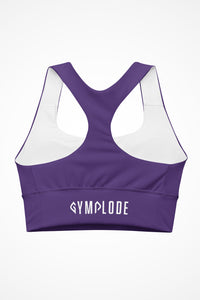 Womens purple longline sports bra with Gymplode signature logo, back view