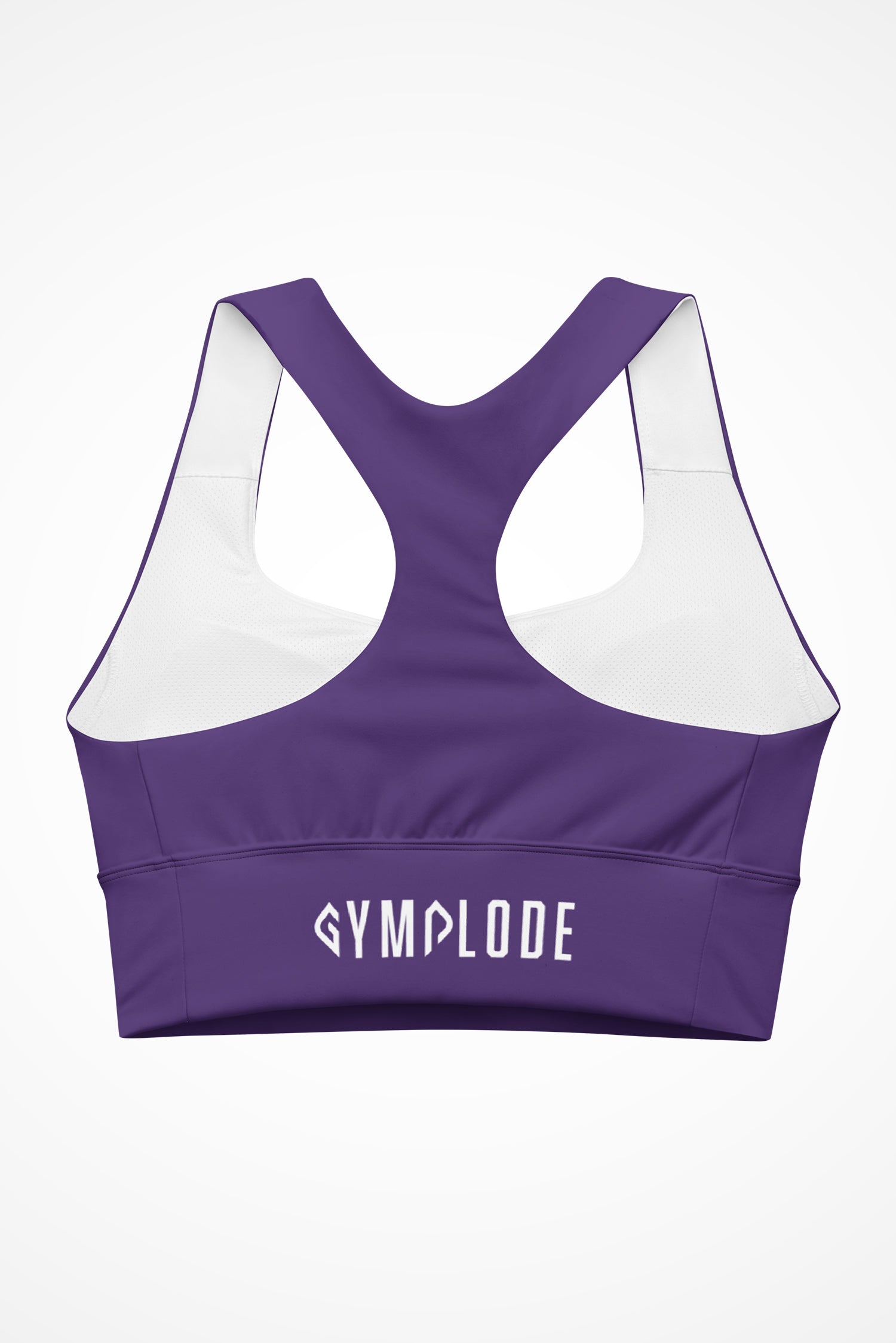 Womens purple longline sports bra with Gymplode signature logo, back view