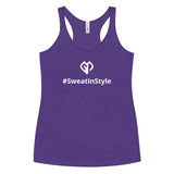 Womens purple rush Sweat in Style racerback tank top with Gymplode icon logo