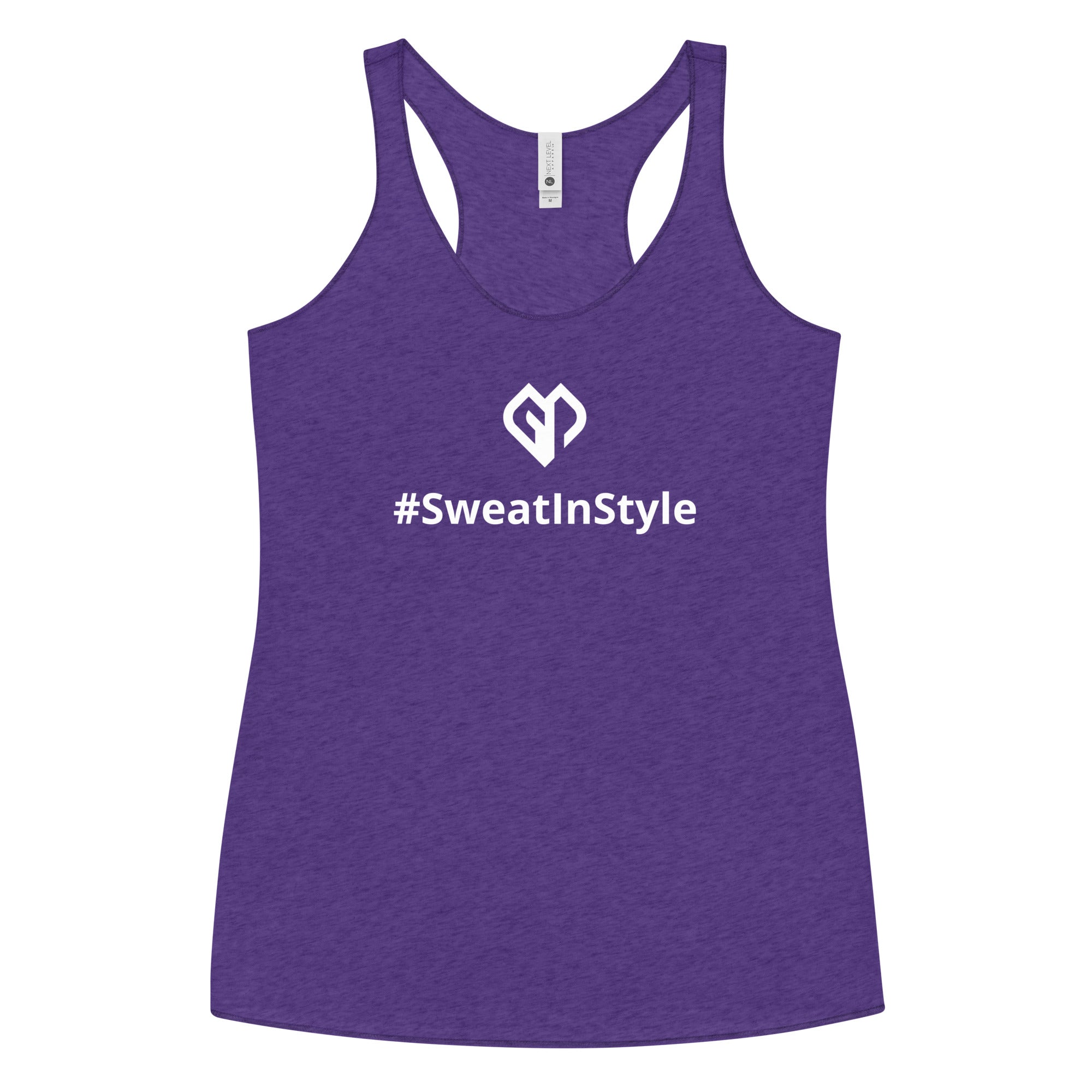 Womens purple rush Sweat in Style racerback tank top with Gymplode icon logo