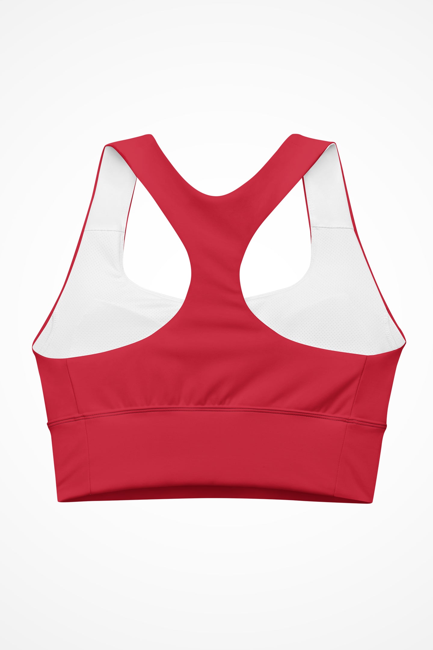 Womens red Gymplode longline sports bra with no print, back view