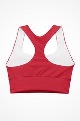 Womens red Gymplode longline sports bra with no print, back view