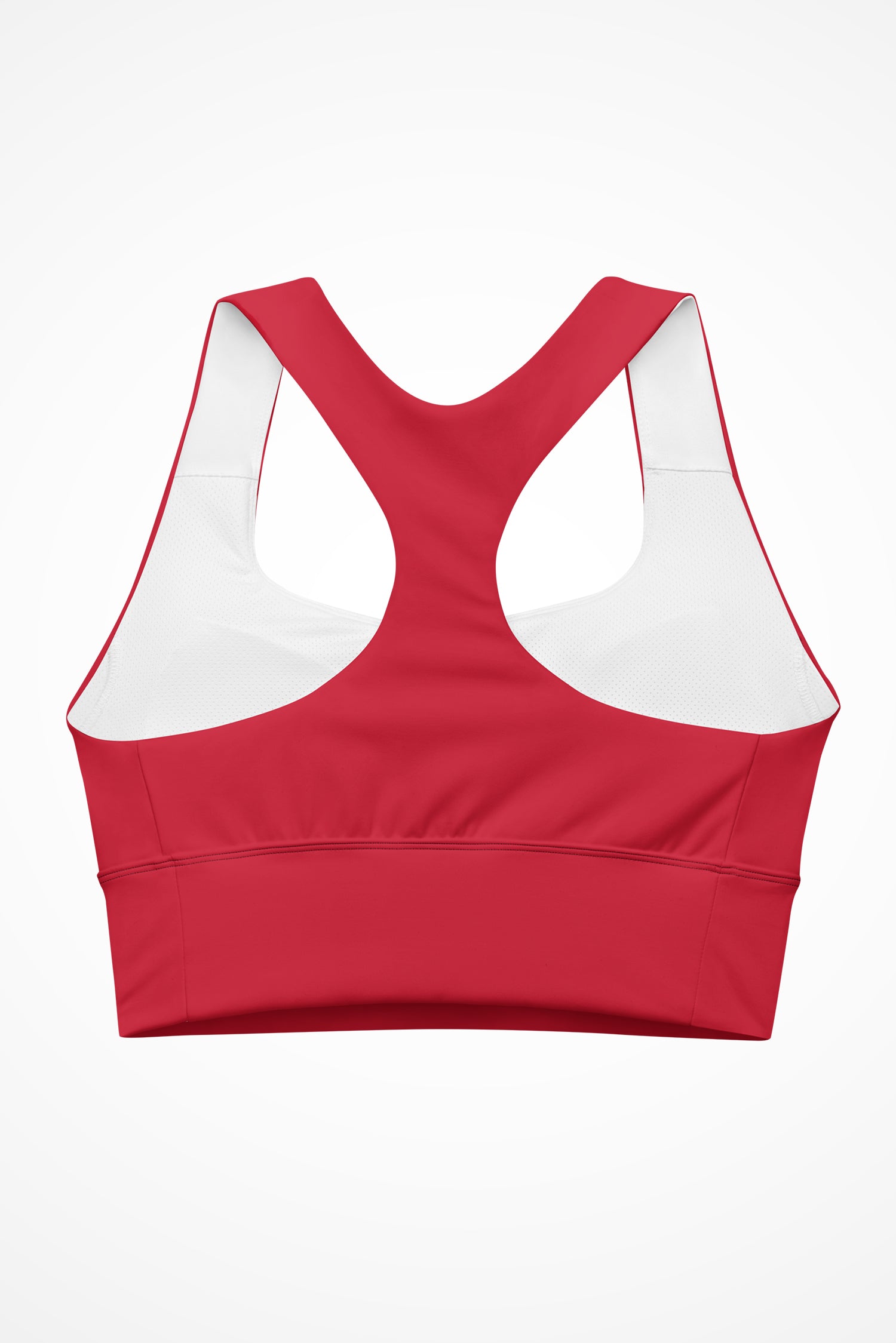 Womens red Gymplode longline sports bra with no print, back view