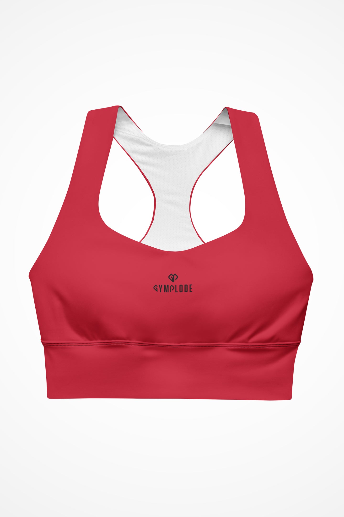 Womens red longline sports bra with Gymplode dual mark logo, front view