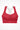 Womens red longline sports bra with Gymplode dual mark logo, front view