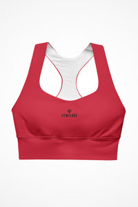 Womens red longline sports bra with Gymplode dual mark logo, front view