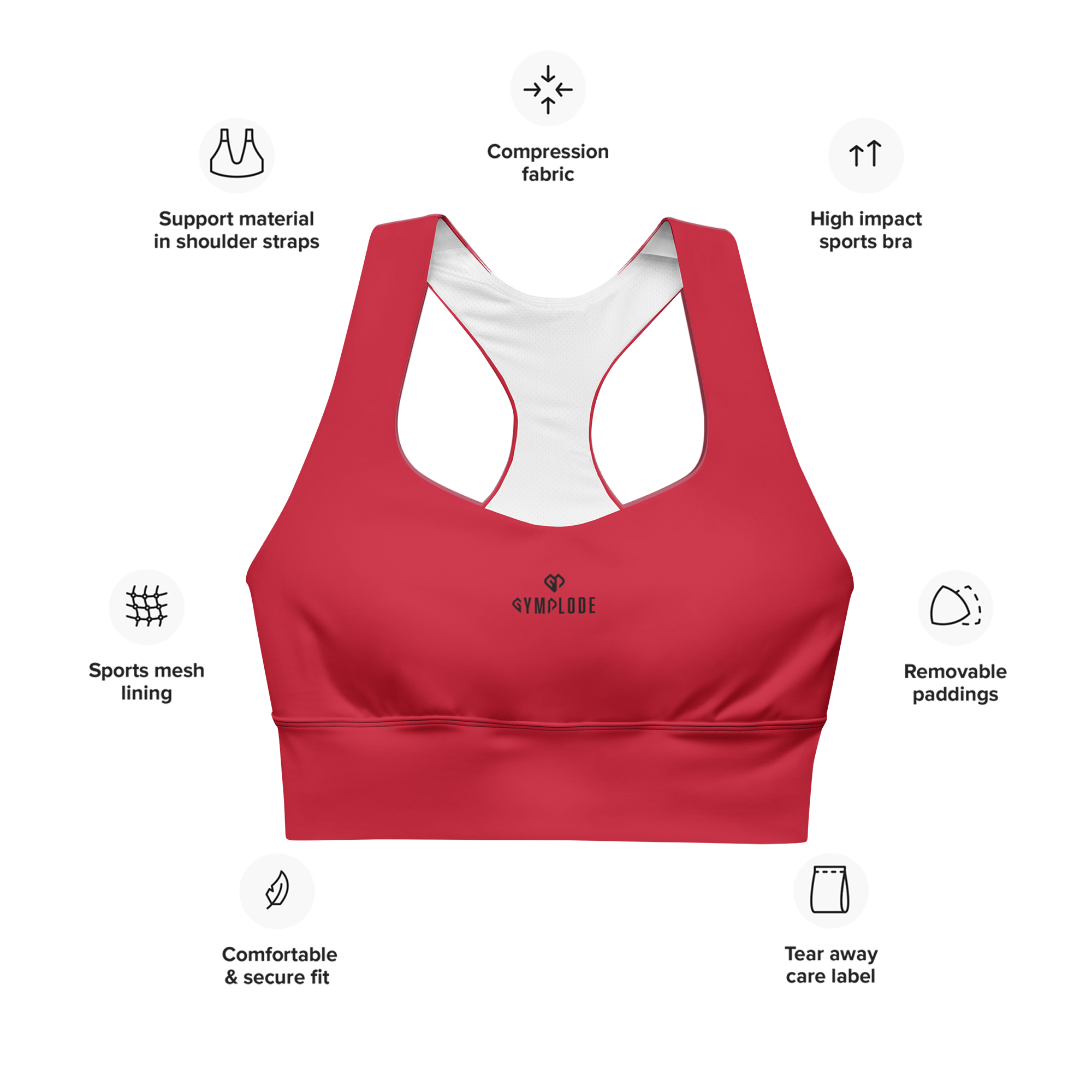 Womens red Gymplode longline sports bra key features