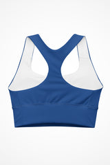 Womens regal blue Gymplode longline sports bra with no print, back view