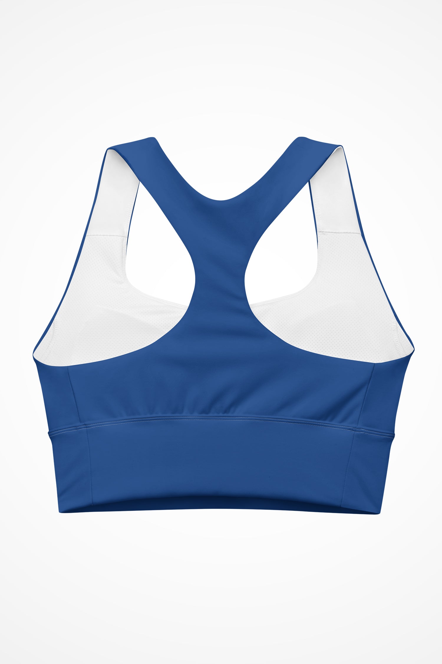 Womens regal blue Gymplode longline sports bra with no print, back view