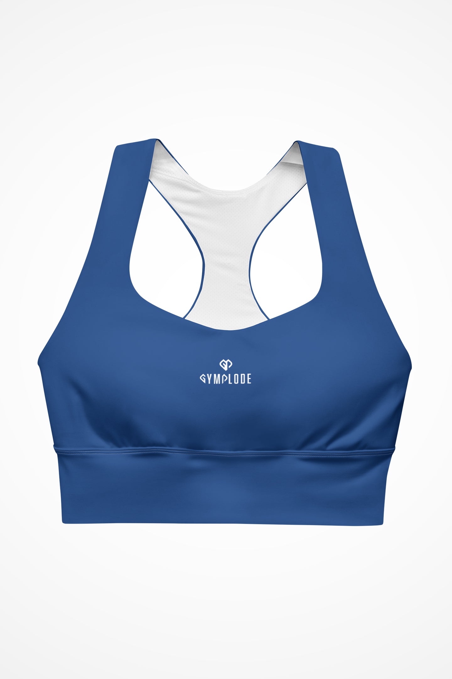 Womens regal blue longline sports bra with Gymplode dual mark logo, front view