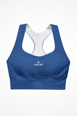 Womens regal blue longline sports bra with Gymplode dual mark logo, front view