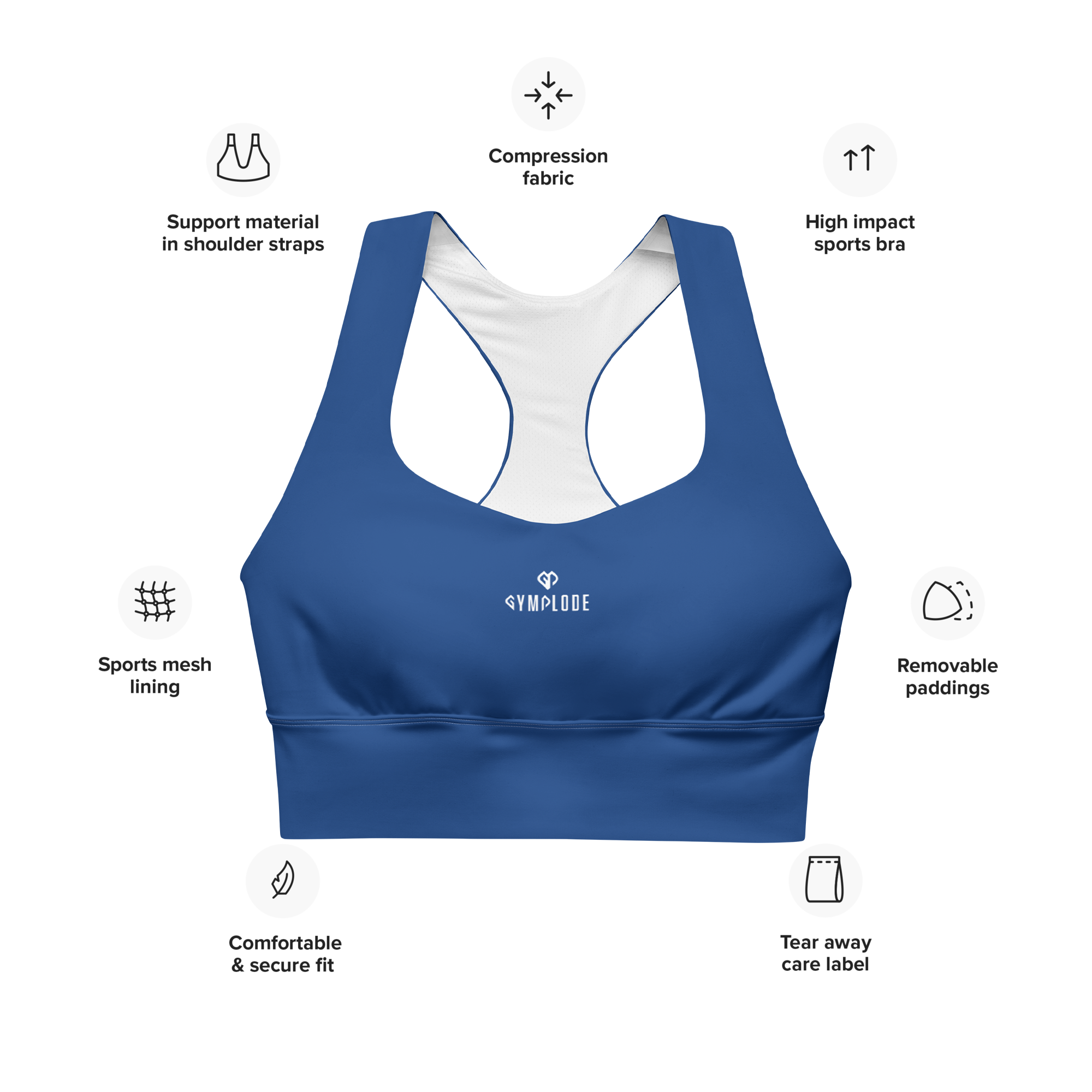 Womens regal blue Gymplode longline sports bra key features