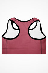 Womens rose pink with black stitch Gymplode padded sports bra with no print, back view