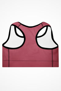 Womens rose pink with black stitch Gymplode padded sports bra with no print, back view