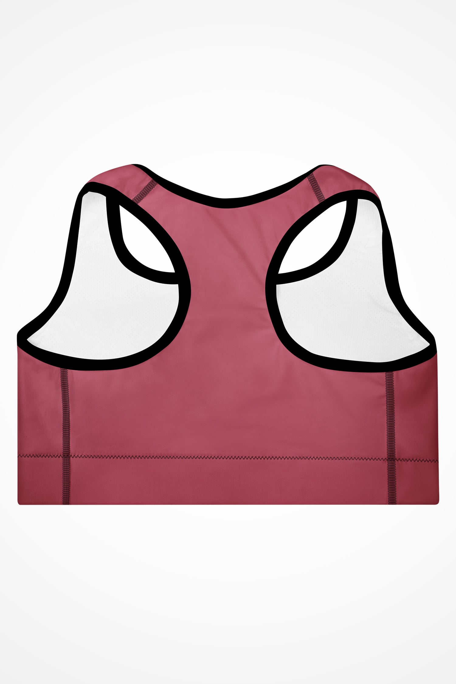 Womens rose pink with black stitch Gymplode padded sports bra with no print, back view