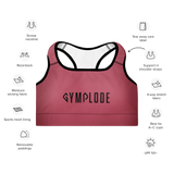 Womens rose pink with black stitch Gymplode padded sports bra key features