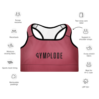 Womens rose pink with black stitch Gymplode padded sports bra key features