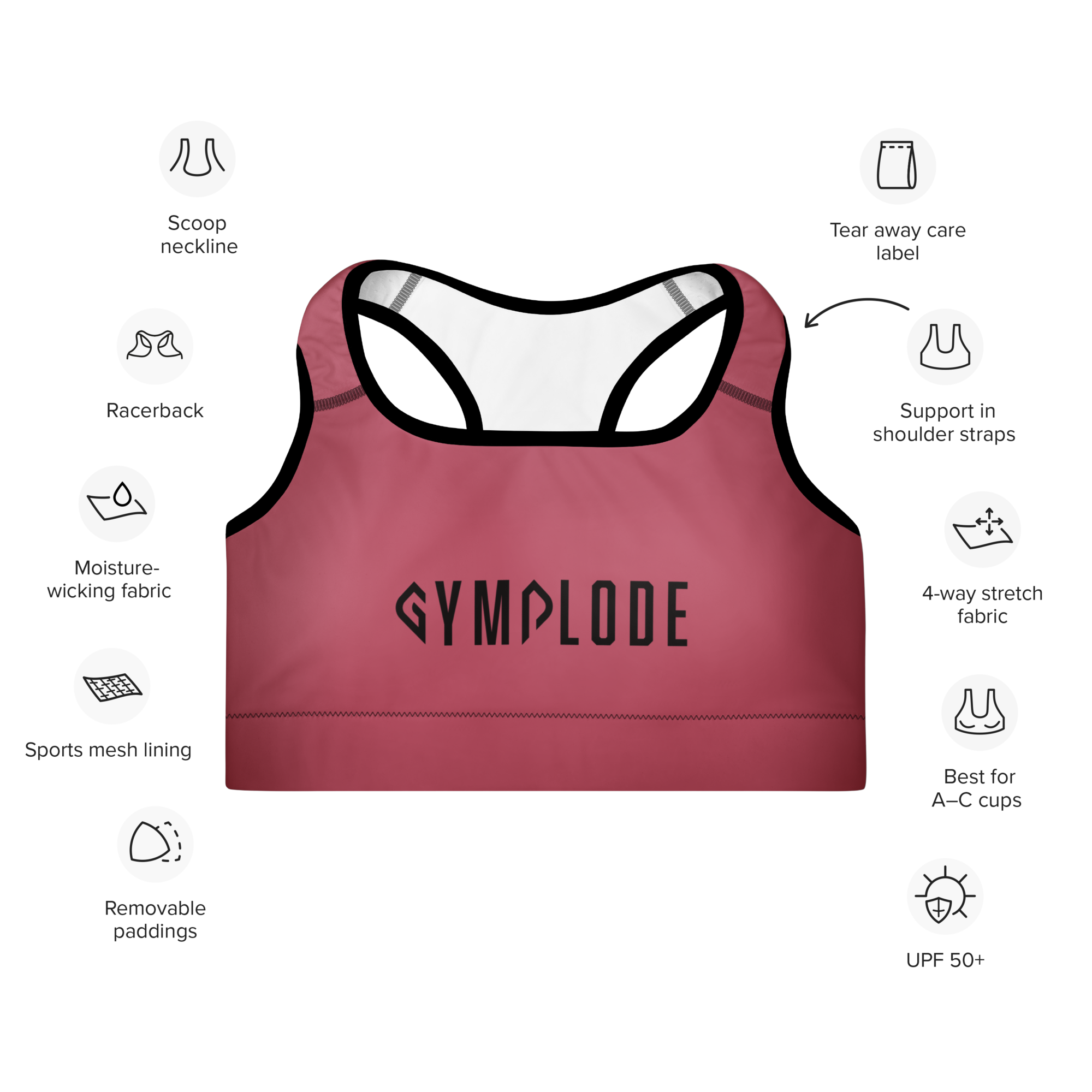 Womens rose pink with black stitch Gymplode padded sports bra key features