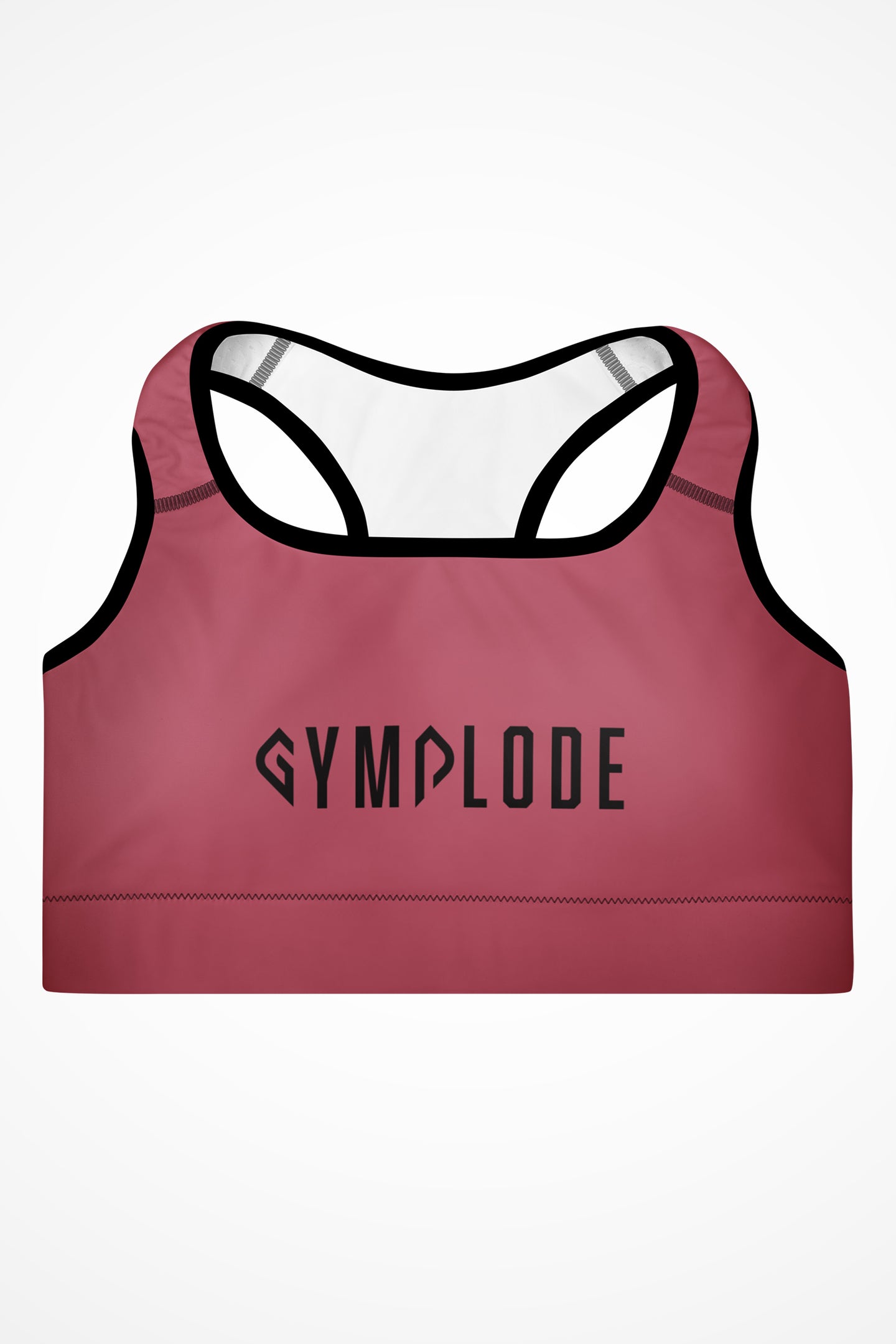 Womens rose pink with black stitch Gymplode padded sports bra with signature logo, front view