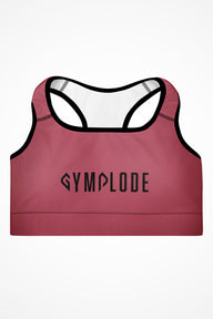 Womens rose pink with black stitch Gymplode padded sports bra with signature logo, front view